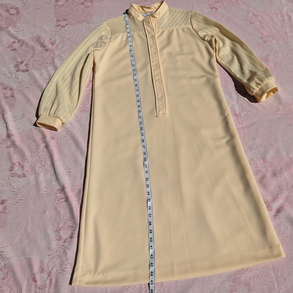 Vintage 70s Mod Shirt Dress M/L Yellow Midi Pointelle Lace Sleeve Shift Mandarin - Picture 8 of 14